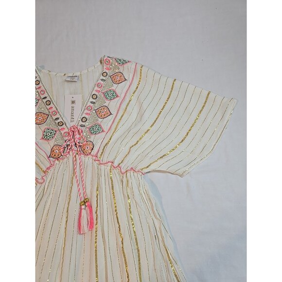 ananta size L/XL cream Boho flowy maxi dress‎ embroidered gold striped New - Picture 6 of 16